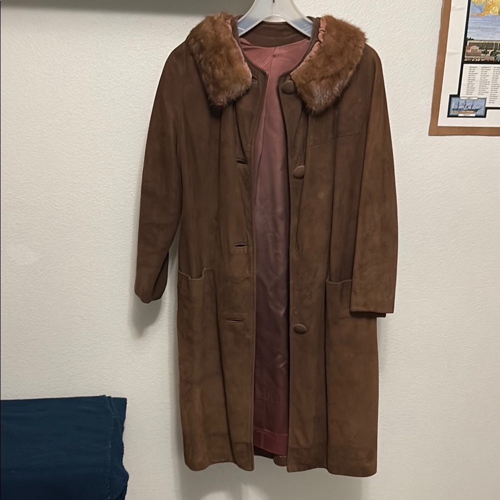 Vintage 1960s Brown Suede Leather Rabbit Fur Collar Women's Trench Coat Sz 10